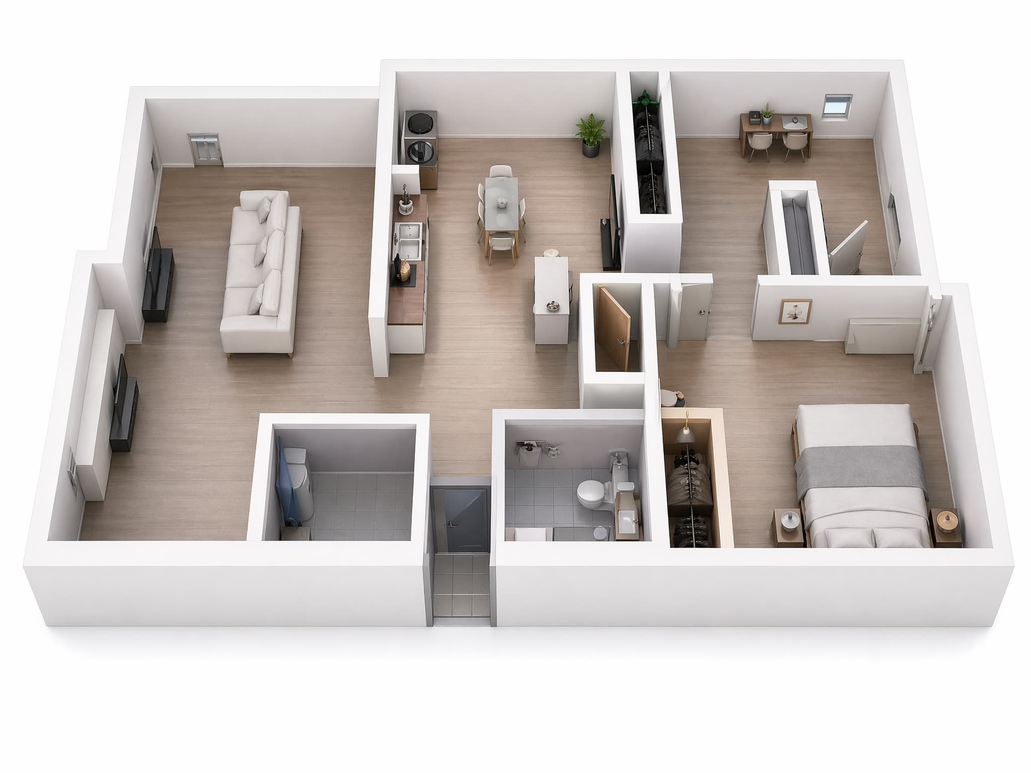 3D house floor plan with animated electrical planning overlays.