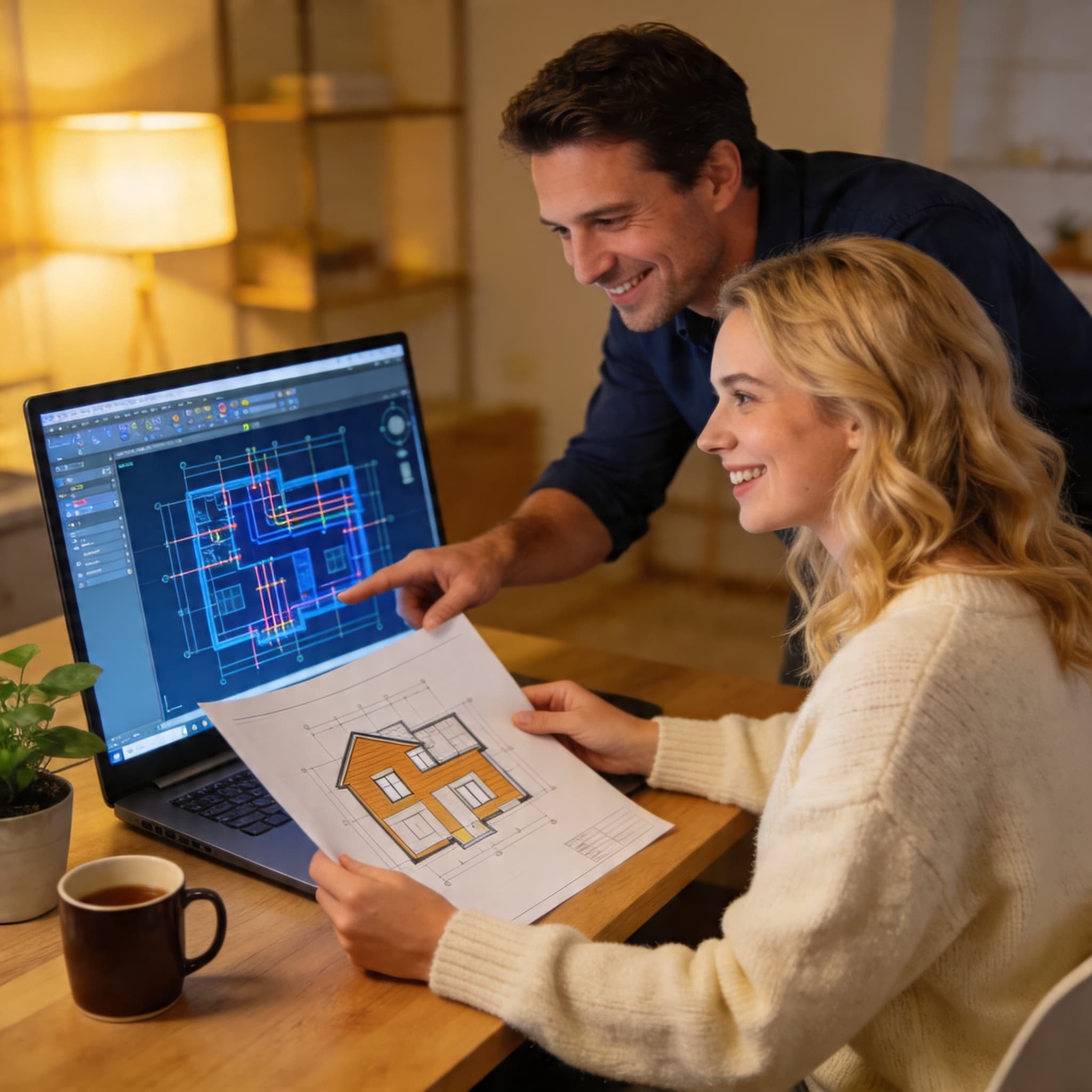 A couple reviewing a house floor plan together on a laptop.